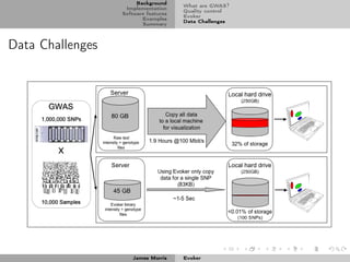 Background
                                      What are GWAS?
                   Implementation
                                      Quality control
                  Software features
                                      Evoker
                         Examples
                                      Data Challenges
                         Summary



Data Challenges




                     James Morris     Evoker
 