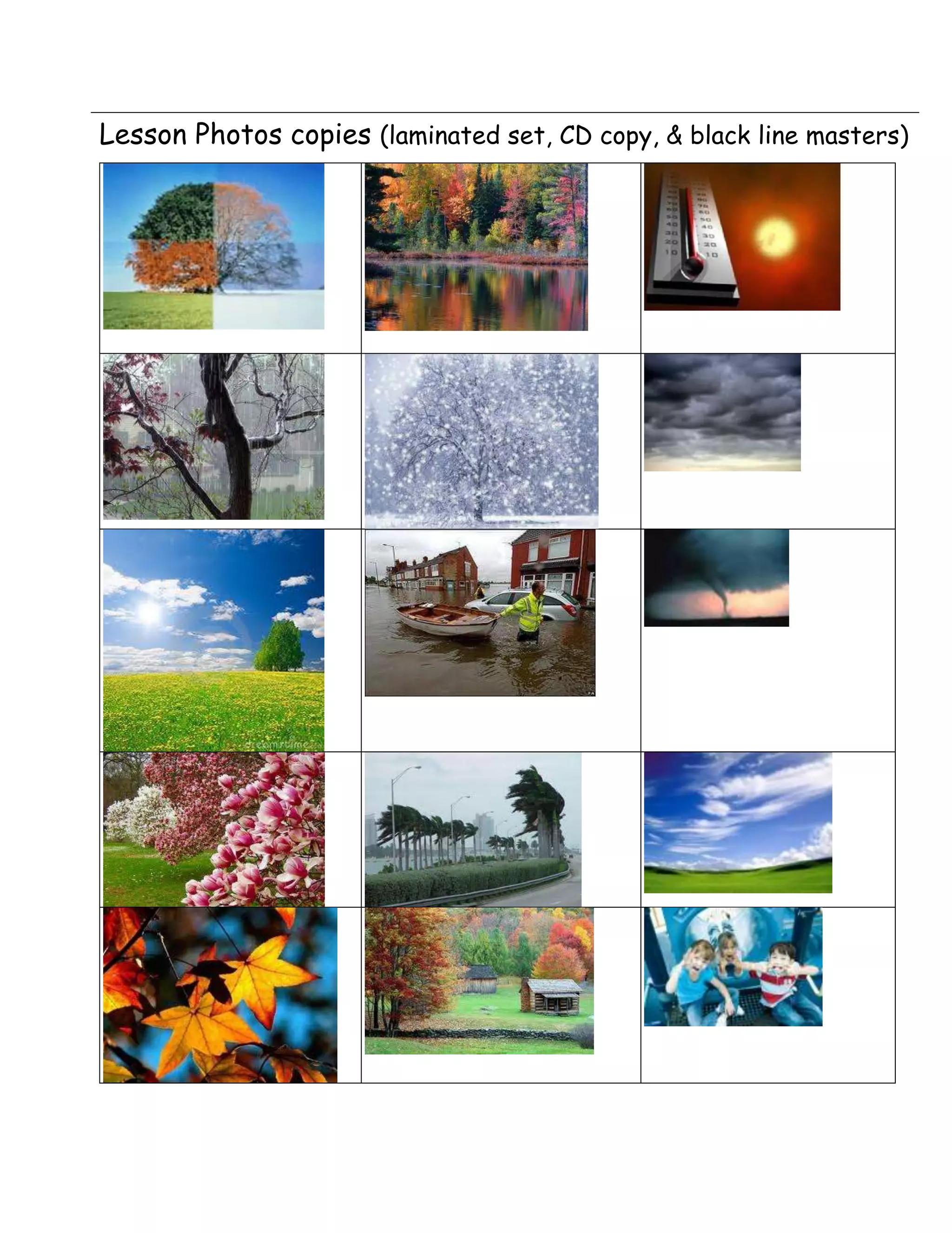 Lesson Photos copies (laminated set, CD copy, & black line masters)
 