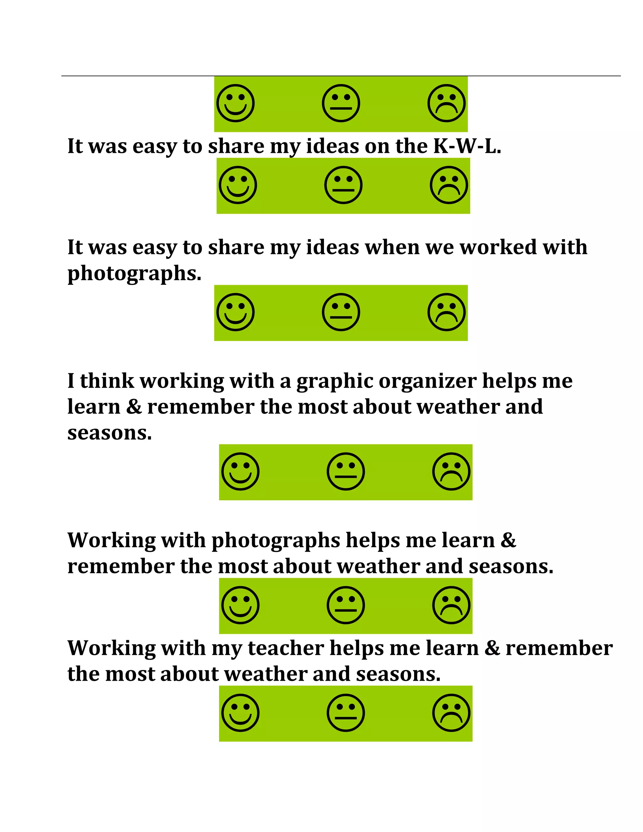                    
It was easy to share my ideas on the K-W-L.

                                 
It was easy to share my ideas when we worked with
photographs.

                                 
I think working with a graphic organizer helps me
learn & remember the most about weather and
seasons.

                                 
Working with photographs helps me learn &
remember the most about weather and seasons.

                                 
Working with my teacher helps me learn & remember
the most about weather and seasons.

                                 
 