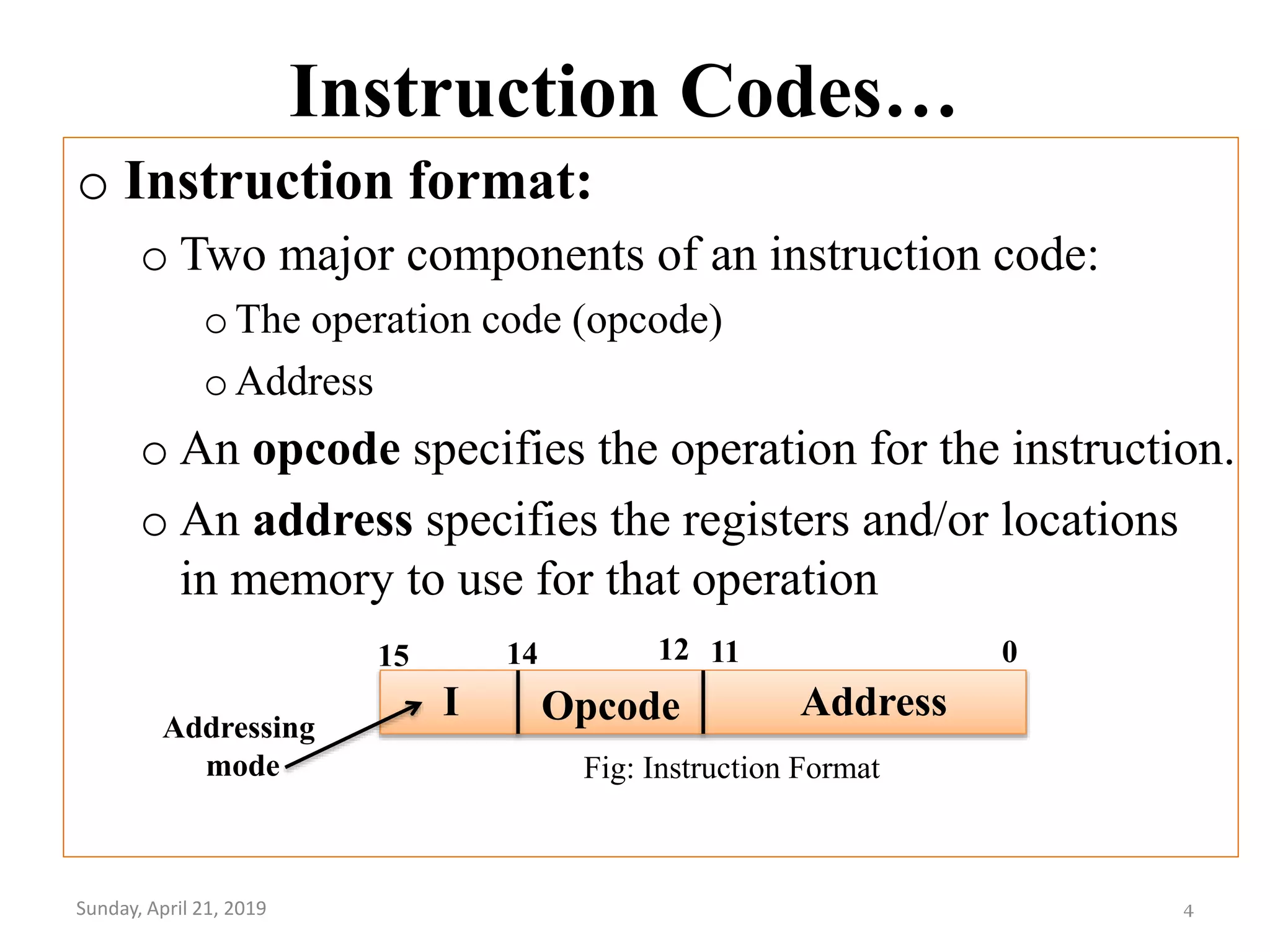 Instruction Codes…
o Instruction format:
o Two major components of an instruction code:
oThe operation code (opcode)
oAddress
o An opcode specifies the operation for the instruction.
o An address specifies the registers and/or locations
in memory to use for that operation
Sunday, April 21, 2019 4
Opcode Address
Fig: Instruction Format
01115 14
I
12
Addressing
mode
 