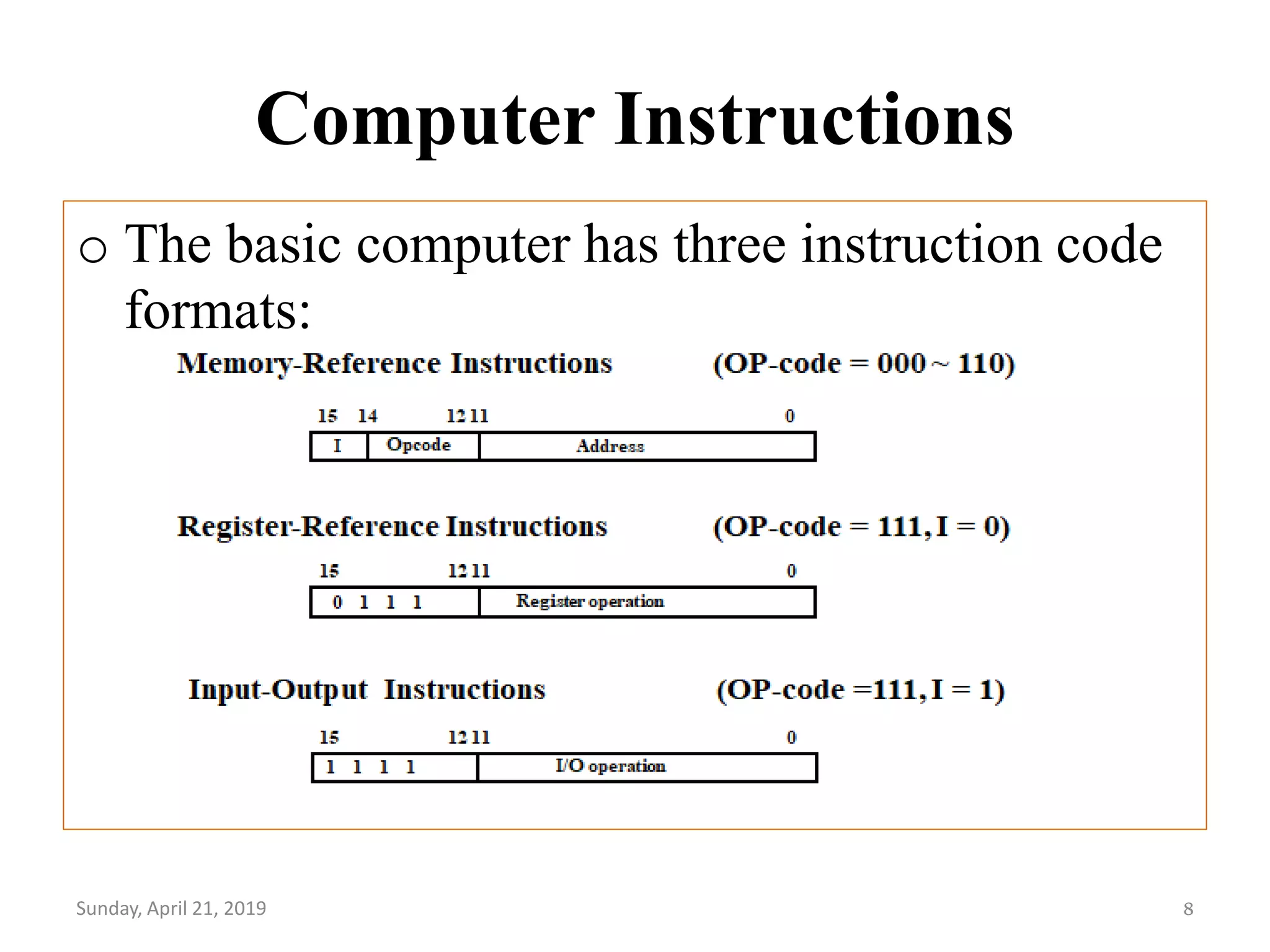 Computer Instructions
o The basic computer has three instruction code
formats:
Sunday, April 21, 2019 8
 