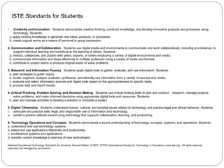 ISTE Standards for Students Creativity and Innovation    Students demonstrate creative thinking, construct knowledge, and develop innovative products and processes using technology. Students:    a. apply existing knowledge to generate new ideas, products, or processes.  b. create original works as a means of personal or group expression.  2.   Communication and Collaboration    Students use digital media and environments to communicate and work collaboratively, including at a distance, to support individual learning and contribute to the learning of others. Students:    a. interact, collaborate, and publish with peers, experts, or others employing a variety of digital environments and media.  b. communicate information and ideas effectively to multiple audiences using a variety of media and formats. d. contribute to project teams to produce original works or solve problems.  3.   Research and Information Fluency    Students apply digital tools to gather, evaluate, and use information. Students:    a. plan strategies to guide inquiry.  b. locate, organize, analyze, evaluate, synthesize, and ethically use information from a variety of sources and media.  c. evaluate and select information sources and digital tools based on the appropriateness to specific tasks.  d. process data and report results.  4.   Critical Thinking, Problem Solving, and Decision Making    Students use critical thinking skills to plan and conduct  research, manage projects, solve problems, and make informed decisions using appropriate digital tools and resources. Students: b. plan and manage activities to develop a solution or complete a project.  5.   Digital Citizenship    Students understand human, cultural, and societal issues related to technology and practice legal and ethical behavior. Students:    advocate and practice safe, legal, and responsible use of information and technology.  exhibit a positive attitude toward using technology that supports collaboration, learning, and productivity.  6.   Technology Operations and Concepts    Students demonstrate a sound understanding of technology concepts, systems, and operations. Students:    a. understand and use technology systems.  b. select and use applications effectively and productively.  c. troubleshoot systems and applications.  d. transfer current knowledge to learning of new technologies.  National Educational Technology Standards for Students, Second Edition, © 2007, ISTE® (International Society for Technology in Education), www.iste.org.  All rights reserved. (reprinted and abridged by permission) 