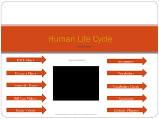 Human Life Cycle Questions Create a Chart Assignment Vocabulary Longevity Game Vocabulary Check Bill Nye Videos KWL Chart Music Videos Lifetime Changes Click here. permission granted by Abhay for animated human gif  goals and standards 