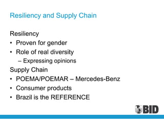 Resiliency and Supply Chain

Resiliency
• Proven for gender
• Role of real diversity
   – Expressing opinions
Supply Chain
• POEMA/POEMAR – Mercedes-Benz
• Consumer products
• Brazil is the REFERENCE
 
