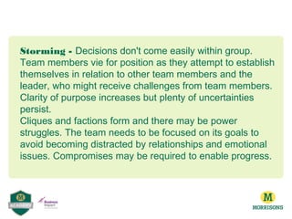 Storming - Decisions don't come easily within group.
Team members vie for position as they attempt to establish
themselves in relation to other team members and the
leader, who might receive challenges from team members.
Clarity of purpose increases but plenty of uncertainties
persist.
Cliques and factions form and there may be power
struggles. The team needs to be focused on its goals to
avoid becoming distracted by relationships and emotional
issues. Compromises may be required to enable progress.
 