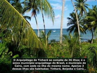 O Arquipélago de Tinharé se compõe de 26 ilhas; é o único município-arquipélago do Brasil, o município de Cairú, com sede na ilha do mesmo nome. Apenas 3 dessas ilhas são habitadas: Tinharé, Boipeba e Cairú... 
