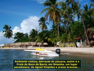 Ambiente rústico, barracas de piaçava, assim é a Praia da Boca da Barra, em Boipeba, um lugar paradisíaco, de águas límpidas e areias brancas... 