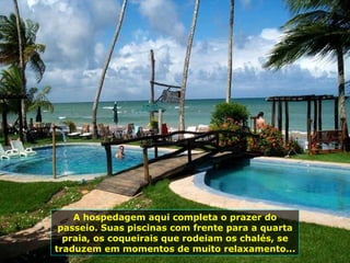 A hospedagem aqui completa o prazer do passeio. Suas piscinas com frente para a quarta praia, os coqueirais que rodeiam os chalés, se traduzem em momentos de muito relaxamento... 