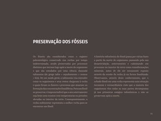 PRESERVAÇÃO DOS FÓSSEIS
Os fósseis são considerados como o registro
paleontológico conservado nas rochas por tempo
indeterminado, sendo preservados por processos
distintos que iniciam logo após a morte do organismo
e que são estudados por uma ciência chamada
tafonomia (do grego tafos = sepultamento + nomos
= leis). De um modo geral, a tafonomia visa entender
como os organismos e seus restos chegaram à rocha
e quais foram os fatores e processos que atuaram na
formaçãodasconcentraçõesfossilíferas.Paraumfóssil
se preservar, é imprescindível que o seu soterramento
seja lento sem eventos com temperaturas ou pressões
elevadas no interior da terra. Consequentemente, a
rocha sedimentar representa a melhor rocha para se
encontrar um fóssil.
A história tafonômica do fóssil passa por várias fases
a partir da morte do organismo, passando pela sua
desarticulação, soterramento e culminando em
processos no interior da terra como transformações
minerais, antes de ele ser novamente exposto
através da erosão da rocha já na forma fossilizada.
Observamos, através deste conhecimento, que o
achado fóssil em uma rocha representa uma situação
incomum e extraordinária visto que a maioria dos
organismos têm todas as suas partes decompostas
já nos primeiros estágios tafonômicos e não se
preservam após a morte.
25
 