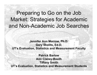 Preparing to Go on the Job
Market: Strategies for Academic
and Non-Academic Job Searches
Jennifer Ann Morrow, Ph.D.
Gary Skolits, Ed.D.
UT’s Evaluation, Statistics and Measurement Faculty
Patrick Barlow
Ann Cisney-Booth
Tiffany Smith
UT’s Evaluation, Statistics and Measurement Students

 