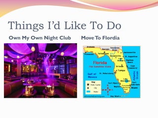 Things I’d Like To Do
Own My Own Night Club   Move To Flordia
 