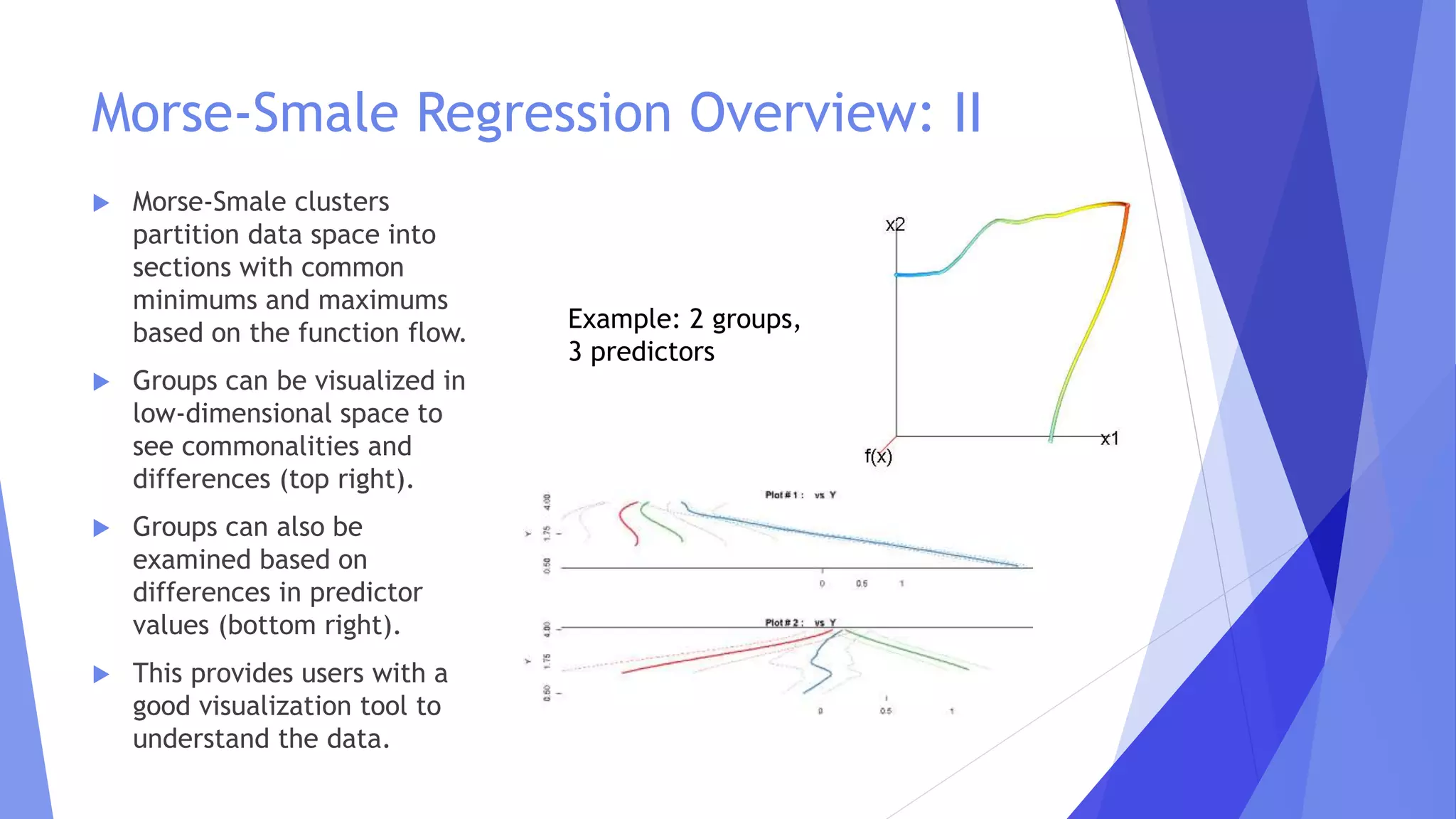 Morse-Smale Regression Overview: II
 Morse-Smale clusters
partition data space into
sections with common
minimums and maximums
based on the function flow.
 Groups can be visualized in
low-dimensional space to
see commonalities and
differences (top right).
 Groups can also be
examined based on
differences in predictor
values (bottom right).
 This provides users with a
good visualization tool to
understand the data.
Example: 2 groups,
3 predictors
 