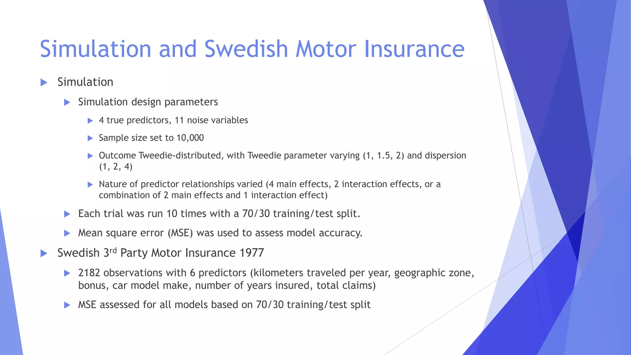 Simulation and Swedish Motor Insurance
 Simulation
 Simulation design parameters
 4 true predictors, 11 noise variables
 Sample size set to 10,000
 Outcome Tweedie-distributed, with Tweedie parameter varying (1, 1.5, 2) and dispersion
(1, 2, 4)
 Nature of predictor relationships varied (4 main effects, 2 interaction effects, or a
combination of 2 main effects and 1 interaction effect)
 Each trial was run 10 times with a 70/30 training/test split.
 Mean square error (MSE) was used to assess model accuracy.
 Swedish 3rd Party Motor Insurance 1977
 2182 observations with 6 predictors (kilometers traveled per year, geographic zone,
bonus, car model make, number of years insured, total claims)
 MSE assessed for all models based on 70/30 training/test split
 