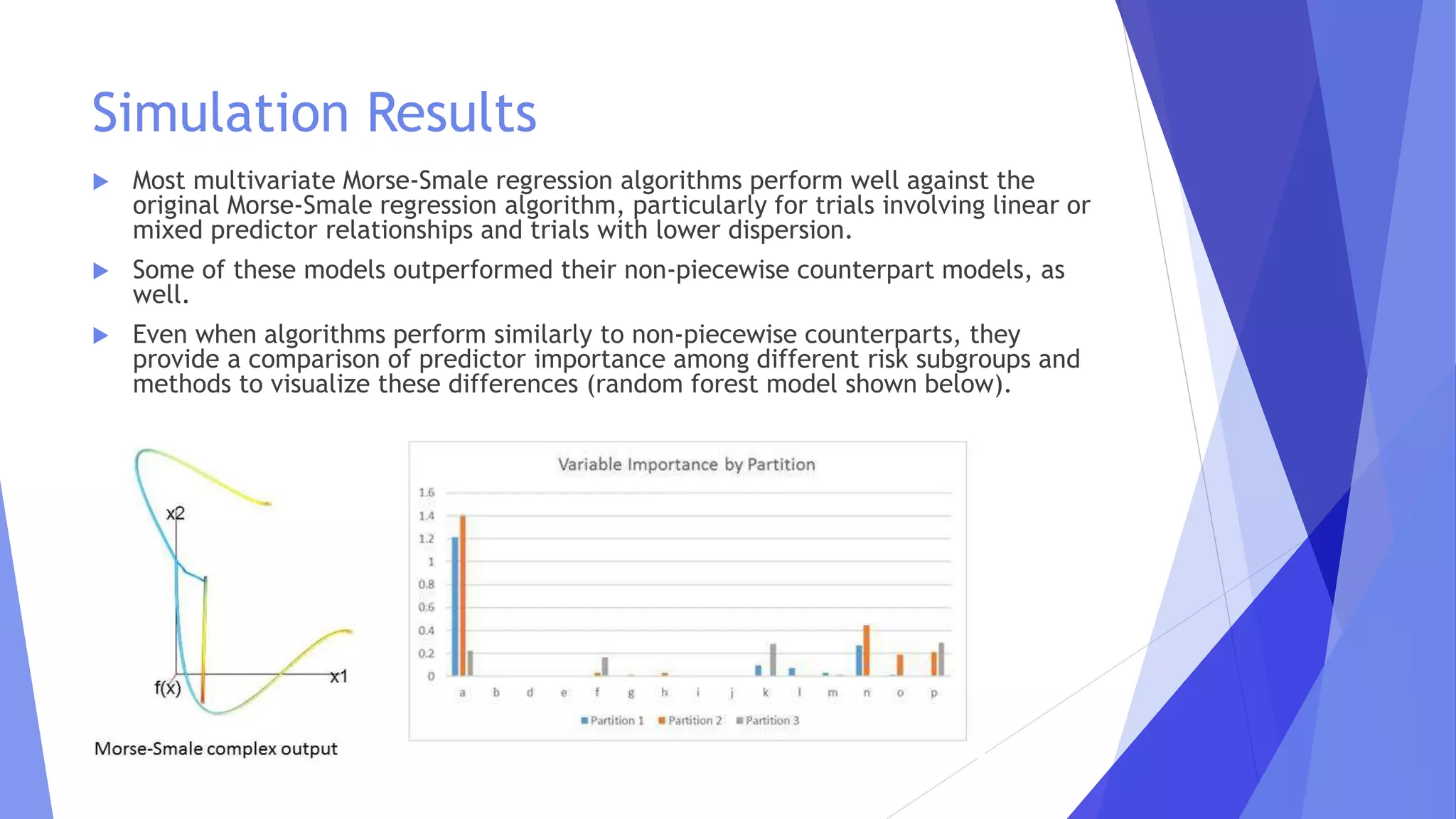 Simulation Results
 Most multivariate Morse-Smale regression algorithms perform well against the
original Morse-Smale regression algorithm, particularly for trials involving linear or
mixed predictor relationships and trials with lower dispersion.
 Some of these models outperformed their non-piecewise counterpart models, as
well.
 Even when algorithms perform similarly to non-piecewise counterparts, they
provide a comparison of predictor importance among different risk subgroups and
methods to visualize these differences (random forest model shown below).
 