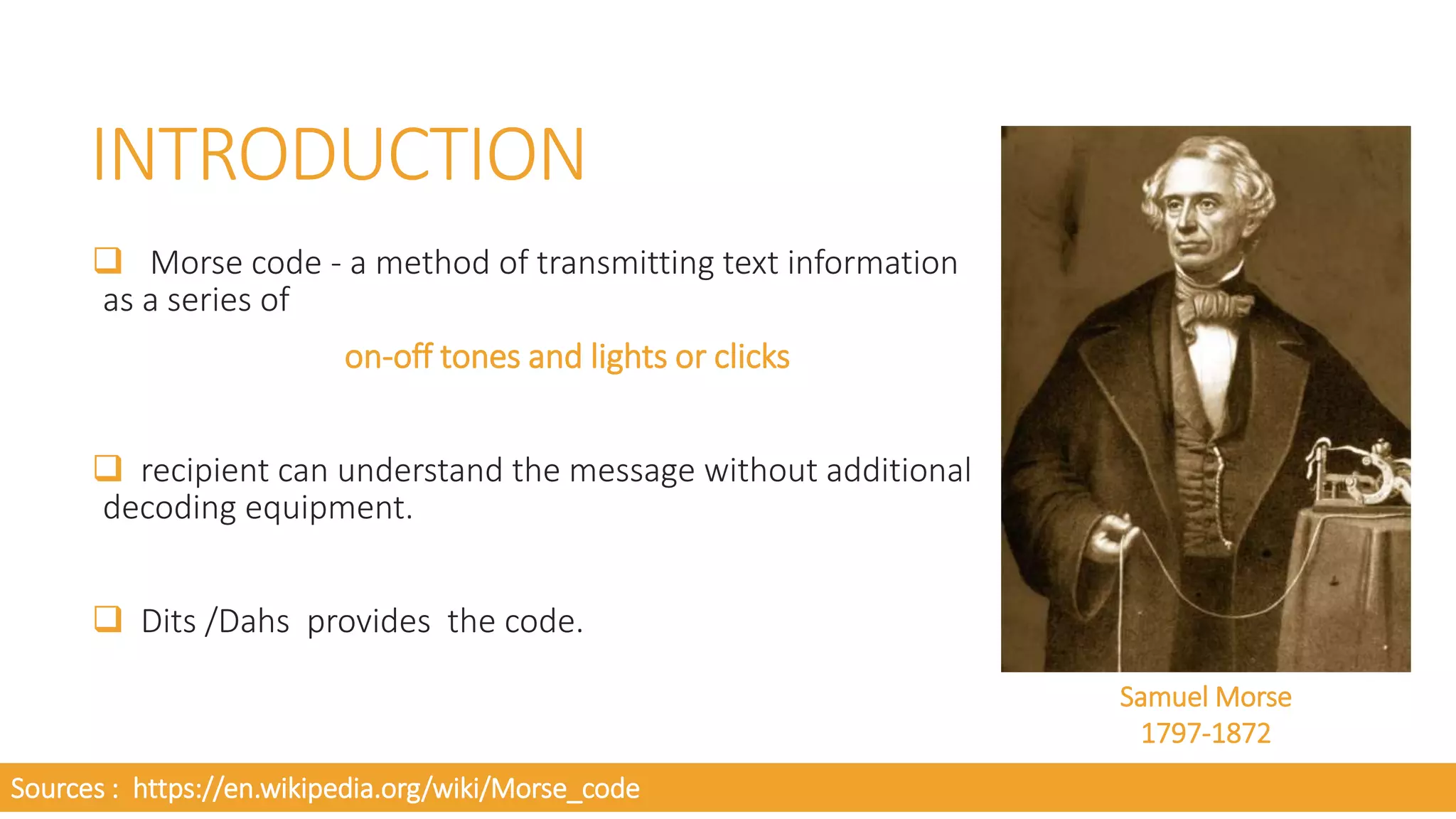 Morse code (-- --- .-. ... . -.-. --- -.. .) | PPT