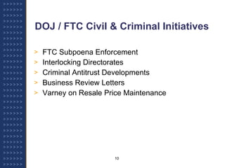 DOJ / FTC Civil & Criminal Initiatives FTC Subpoena Enforcement  Interlocking Directorates Criminal Antitrust Developments Business Review Letters Varney on Resale Price Maintenance 