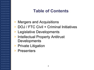 Table of Contents Mergers and Acquisitions DOJ / FTC Civil + Criminal Initiatives Legislative Developments Intellectual Property Antitrust Developments Private Litigation Presenters 