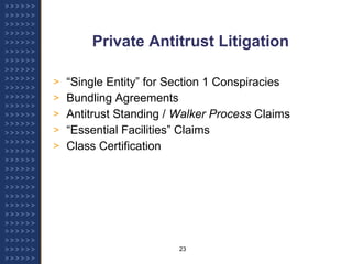 Private Antitrust Litigation “ Single Entity” for Section 1 Conspiracies Bundling Agreements Antitrust Standing /  Walker Process  Claims “ Essential Facilities” Claims Class Certification 