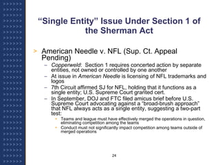 “ Single Entity” Issue Under Section 1 of the Sherman Act American Needle v. NFL (Sup. Ct. Appeal Pending) Copperweld :  Section 1 requires concerted action by separate entities, not owned or controlled by one another At issue in  American Needle  is licensing of NFL trademarks and logos 7th Circuit affirmed SJ for NFL, holding that it functions as a single entity; U.S. Supreme Court granted cert. In September, DOJ and FTC filed amicus brief before U.S. Supreme Court advocating against a “broad-brush approach” that NFL always acts as a single entity, suggesting a two-part test:  Teams and league must have effectively merged the operations in question, eliminating competition among the teams Conduct must not significantly impact competition among teams outside of merged operations 