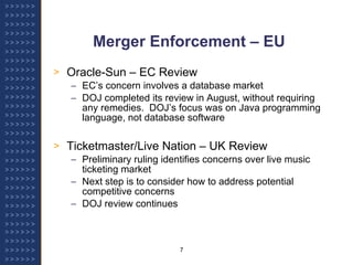 Merger Enforcement – EU   Oracle-Sun – EC Review EC’s concern involves a database market DOJ completed its review in August, without requiring any remedies.  DOJ’s focus was on Java programming language, not database software Ticketmaster/Live Nation – UK Review Preliminary ruling identifies concerns over live music ticketing market Next step is to consider how to address potential competitive concerns DOJ review continues 