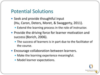 Common ProblemsCourse workloadA concern by both the learner and instructor.Is the load manageable?MotivationClosely related to workload.Level of experience.Insufficient collaboration among learners.Lack of experience.Unfamiliar learning style.