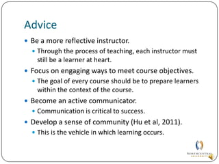 Potential SolutionsSeek and provide thoughtful input (Hu, Caron, Deters, Moret, & Swaggerty, 2011).Extend the learning process in the role of instructor.Provide the driving force for learner motivation and success (Borich, 2006).The success of learners is in part due to the facilitator of the course.Encourage collaboration between learners.Make the learning experience meaningful.Model learner expectations.