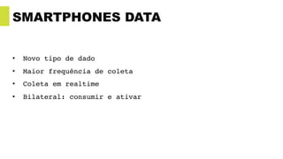 SMARTPHONES DATA
• Novo tipo de dado
• Maior frequência de coleta
• Coleta em realtime
• Bilateral: consumir e ativar
 