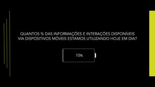QUANTOS % DAS INFORMAÇÕES E INTERAÇÕES DISPONÍVEIS
VIA DISPOSITIVOS MÓVEIS ESTAMOS UTILIZANDO HOJE EM DIA?
10%
 