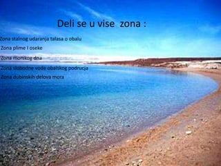DDeeli lsie s ue vuis ev i szoen zao:na 
Zona stalnog udaranja talasa o obalu 
Zona plime I oseke 
Zona morskog dna 
Zona slobodne vode obalskog podrucja 
Zona dubinskih delova mora 
 