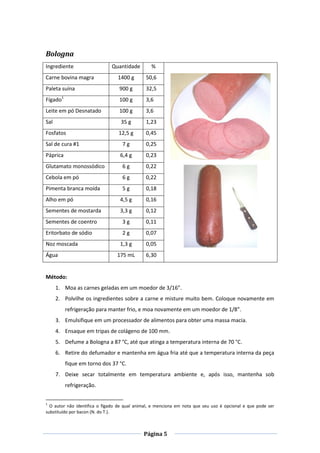 Página 5
Bologna
Ingrediente Quantidade %
Carne bovina magra 1400 g 50,6
Paleta suína 900 g 32,5
Fígado1
100 g 3,6
Leite em pó Desnatado 100 g 3,6
Sal 35 g 1,23
Fosfatos 12,5 g 0,45
Sal de cura #1 7 g 0,25
Páprica 6,4 g 0,23
Glutamato monossódico 6 g 0,22
Cebola em pó 6 g 0,22
Pimenta branca moída 5 g 0,18
Alho em pó 4,5 g 0,16
Sementes de mostarda 3,3 g 0,12
Sementes de coentro 3 g 0,11
Eritorbato de sódio 2 g 0,07
Noz moscada 1,3 g 0,05
Água 175 mL 6,30
Método:
1. Moa as carnes geladas em um moedor de 3/16”.
2. Polvilhe os ingredientes sobre a carne e misture muito bem. Coloque novamente em
refrigeração para manter frio, e moa novamente em um moedor de 1/8”.
3. Emulsifique em um processador de alimentos para obter uma massa macia.
4. Ensaque em tripas de colágeno de 100 mm.
5. Defume a Bologna a 87 °C, até que atinga a temperatura interna de 70 °C.
6. Retire do defumador e mantenha em água fria até que a temperatura interna da peça
fique em torno dos 37 °C.
7. Deixe secar totalmente em temperatura ambiente e, após isso, mantenha sob
refrigeração.
1
O autor não identifica o fígado de qual animal, e menciona em nota que seu uso é opcional e que pode ser
substituído por bacon (N. do T.).
 