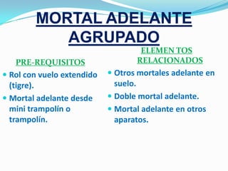 MORTAL ADELANTE
           AGRUPADO
                                    ELEMEN TOS
   PRE-REQUISITOS                  RELACIONADOS
 Rol con vuelo extendido    Otros mortales adelante en
  (tigre).                    suelo.
 Mortal adelante desde      Doble mortal adelante.
  mini trampolín o           Mortal adelante en otros
  trampolín.                  aparatos.
 