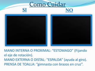 Como Cuidar
          SI                        NO




MANO INTERNA O PROXIMAL: “ESTOMAGO” (Fijando
el eje de rotación).
MANO EXTERNA O DISTAL: “ESPALDA” (ayuda al giro).
PRENSA DE TOALLA: “gimnasta con brazos en cruz”.
 