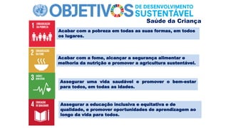 Acabar com a pobreza em todas as suas formas, em todos
os lugares.
Acabar com a fome, alcançar a segurança alimentar e
melhoria da nutrição e promover a agricultura sustentável.
Assegurar a educação inclusiva e equitativa e de
qualidade, e promover oportunidades de aprendizagem ao
longo da vida para todos.
Assegurar uma vida saudável e promover o bem-estar
para todos, em todas as idades.
Saúde da Criança
 