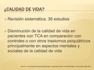¿CALIDAD DE VIDA?


Revisión sistemática. 36 estudios



Disminución de la calidad de vida en
pacientes con TCA en comparación con
controles o con otros trastornos psiquiátricos
principalmente en aspectos mentales y
sociales de la calidad de vida

Tirico P. P., et al: Quality of life and eating disorders: a systematic review. Cad. Saúde Pública, Rio de Janeiro,26(3).2010

 