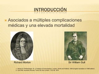 INTRODUCCIÓN


Asociados a múltiples complicaciones
médicas y una elevada mortalidad

Richard Morton

Sir William Gull

1.- Morton R: Phthisiologia: Or, a Treatise of Consumptions. London, Smith and Walford, 1694 (English translation of 1689 edition)
2.- Gull WW: Anorexia nervosa. Trans Clin Soc London. 7:22–28. 1874

 