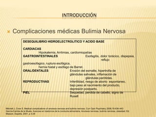 INTRODUCCIÓN


Complicaciones médicas Bulimia Nervosa
DESEQUILIBRIO HIDROELECTROLITICO Y ACIDO BASE
CARDIACAS
Hipokalemia, Arritmias, cardiomiopatías
GASTROINTESTINALES
Esofagitis, dolor torácico, dispepsia,
reflujo
gastroesofagico, ruptura esofágica,
hernia hiatal y esófago de Barret.
ORAL/DENTALES
Erosión del esmalte, hipertrofia de
glándulas salivales, inflamación de
glándulas parótidas.
REPRODUCTIVAS
Infertilidad, riesgo de aborto espontaneo,
bajo peso al nacimiento del producto,
depresión postparto.
PIEL
Sequedad, perdida de cabello, signo de
Rusell

Mitchell J, Crow S. Medical complications of anorexia nervosa and bulimia nervosa. Curr Opin Psychiatry 2006;19:438–443
García-Camba de la Muela. Avances en trastornos de la conducta alimentaria. Anorexia nerviosa, bulimia nerviosa, obesidad. Ed.
Masson, España, 2001, p 3-29

 