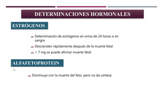  Determinación de estrógenos en orina de 24 horas o en
sangre
 Descienden rápidamente después de la muerte fetal
 < 7 mg se puede afirmar muerte fetal
DETERMINACIONES HORMONALES
ESTRÓGENOS
ALFAFETOPROTEIN
A
 Disminuye con la muerte del feto, pero no da certeza
 