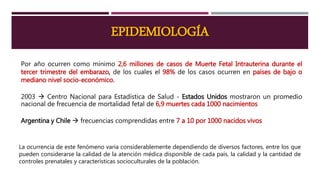 EPIDEMIOLOGÍA
Por año ocurren como mínimo 2,6 millones de casos de Muerte Fetal Intrauterina durante el
tercer trimestre del embarazo, de los cuales el 98% de los casos ocurren en países de bajo o
mediano nivel socio-económico.
2003  Centro Nacional para Estadística de Salud - Estados Unidos mostraron un promedio
nacional de frecuencia de mortalidad fetal de 6,9 muertes cada 1000 nacimientos
Argentina y Chile  frecuencias comprendidas entre 7 a 10 por 1000 nacidos vivos
La ocurrencia de este fenómeno varia considerablemente dependiendo de diversos factores, entre los que
pueden considerarse la calidad de la atención médica disponible de cada país, la calidad y la cantidad de
controles prenatales y características socioculturales de la población.
 