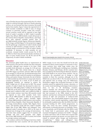 Articles
www.thelancet.com Published online May 2, 2014 http://dx.doi.org/10.1016/S0140-6736(14)60497-9 17
of Public Health, Kabul,
Afghanistan (MT Mashal PhD);
University of the East Ramon
Magsaysay Medical Center,
Quezon City, Metro Manila,
Philippines (M B Marzan MSc);
AIDC EC, Port Elizabeth,
Eastern Cape, South Africa
(TT Mazorodze MA);
UNFPA,Lima, Peru
(W Mendoza MD); Paciﬁc
Institute for Research &
Evaluation, Calverton, MD, USA
(T R Miller PhD); University of
Ottawa, Ottawa, Ontario,
Canada (E J Mills PhD);
University of Salahaddin, Erbil,
Iraq (K A Mohammad PhD);
Institute for Maternal and
Child Health – IRCCS “Burlo
Garofolo,”Trieste, Italy
(L Monasta DSc, M Montico MSc,
L Ronfani PhD); University of
NorthTexas, Denton,TX, USA
(Prof A R Moore PhD);
University of Crete, Crete,
Greece (J Moshcandreas PhD);
Philipps-University Marburg,
Marburg, Hessia, Germany
(Prof U O Mueller PhD,
RWesterman PhD);Warsaw
School of Economics,Warsaw,
Poland (M M Muszynska PhD);
University of KwaZulu-Natal,
Durban, KwaZulu-Natal, South
Africa (Prof K S Naidoo PhD);
Department of Epidemiology
and Public Health, Faculty of
Medicine and Pharmacy,
University sidi Mohamed Ben
Abdellah, Fez, Morocco
(Prof C Nejjari PhD); Rwanda
rates of fertility decrease than projected by the UN, which
might be achieved through scale-up of family planning
services, are not factored into these scenarios, but would
lead to fewer deaths. Figure 7 shows the expected level of
child mortality worldwide in 2030 if rates of change
continue as presently recorded. Under this scenario,
several countries would still be expected to have high
levels of under-5 mortality in 2030. Under-5 mortality
higher than 100 per 1000 livebirths would still prevail in
the Central African Republic, Guinea-Bissau, and Chad;
those with expected mortality greater than 70
per 1000 livebirths include Nigeria, Democratic Republic
of the Congo, and Mali (ﬁgure 7). Our projections suggest
that the global age composition of under-5 deaths would
continue to shift towards a younger structure. In 2013,
neonatal deaths accounted for 41·6% of under-5 deaths
worldwide. If decreases in child mortality do not
accelerate, neonatal deaths would account for 44·9%
in 2030, by which time postneonatal deaths and those at
ages 1–4 years would account, for 28·1% and 26·9%,
respectively, of under-5 deaths worldwide.
Discussion
The dominant global health focus on improvement of
child survival in the past four decades has been extremely
successful, although more remains to be done. Child
mortality levels decreased, on average, by 2·6% per year
from 1970 to 1985, then slowed down for a decade
until 1997, began to accelerate, and since 2005, have fallen
by an average of 3·6% per year. Accelerated decreases have
been recorded in India, nearly all countries in sub-Saharan
Africa, and eastern Europe. Conversely, the rate of decline
in child mortality has slowed down in many Latin America
countries (appendix). As a result, 45 (27 of which are
developing) countries are expected to achieve the
MDG 4 target rate of 4·4% per year by 2015. The annual
number of under-5 deaths has decreased by about two-
thirds since 1970, falling below 7 million for the ﬁrst time
in 2010 and, on the basis of patterns of change since 2000,
should reach 5 million by 2021, and 4 million by 2028. If
present trends continue, more than 120 countries would
be expected to have child mortality levels lower
than 20 per 1000 livebirths in 2030. By our projection,
19 countries will have under-5 mortality higher
than 50 per 1000 livebirths in 2030; however, nine countries
(Central African Republic, Chad, Democratic Republic of
the Congo, Guinea-Bissau, Lesotho, Mali, Nigeria, Sierra
Leone, and Somalia) would still have under-5 mortality
higher than 70 per 1000. Walker and colleagues53
have
projected under-5 mortality rate to 2035 on the basis of
observed rate of change in the coverage of interventions.
Data from their analysis suggest that 37 countries will
probably still have child mortality rates higher
than 50 per 1000 livebirths in 2035 if country level trends
in coverage continue unchanged.
Our analysis conﬁrms the ﬁndings of previous studies
that showed that most countries will not achieve the
MDG 4 target. In our view, this should not be the only
standard by which country progress is measured. In fact,
many countries have made huge strides since the
declaration of the MDG goals, including Laos, Cambodia,
Rwanda, Vietnam, and Ethiopia. All ﬁve countries have
been included by The Partnership for Maternal, Newborn
and Child Health in its success factor analysis.54
By our
estimation, the annualised rate of change in child
mortality in these ﬁve countries, although not at the
MDG4 rate, are about 4·0%–4·3%. Our data for observed
and expected rates of change since the Millennium
Declaration suggest that accelerated decreases in child
mortality cannot be explained by income, education, or
the secular trend (including technological interventions)
alone. In fact, in 30 developing countries,
under-5 mortality has decreased much faster than
expected, including in some southern African countries
that had increases in the 1990s related to the HIV
epidemic and that have subsequently beneﬁted from the
scale-up of ART and prevention of mother-to-child
transmission. The commendable progress in this group
of countries, which exceeds expectations, might largely
be attributable to global action after the MDGs that led to
increased funding for HIV control programmes. In
Niger, this action has been carefully documented.31
Alternatively, accelerated decreases in Cambodia, Timor-
Leste, Guatemala, and El Salvador after the MDGs could
be linked both to government policy change and
increased development assistance for health.55
Changes
in Turkey and China, both of which have received little
development assistance per person, are more likely to be
related to national policy change and health-system
strengthening.56–59
Rudan and colleagues58
have
documented the rapid fall in child mortality in China and
Figure 6: Projected global under-5 deaths for four scenarios, 2013–30
Scenarios have been deﬁned by the distribution of observed rates of change 2000 to 2013.
2013 2015 2020 2025 2030
0
1
2
3
4
5
6
7
Projectedglobalunder-5deaths(millions)
Year
Scenario 1: observed country-level rates
Scenario 2: best 75th percentile
Scenario 3: best 90th percentile
Scenario 4: best 95th percentile
 