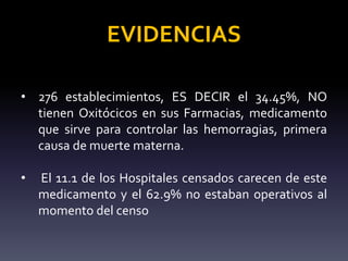 • 276 establecimientos, ES DECIR el 34.45%, NO
tienen Oxitócicos en sus Farmacias, medicamento
que sirve para controlar las hemorragias, primera
causa de muerte materna.
• El 11.1 de los Hospitales censados carecen de este
medicamento y el 62.9% no estaban operativos al
momento del censo
EVIDENCIAS
 