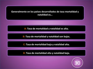 Generalmente en los países desarrollados de tasa mortalidad y
natalidad es…
A: Tasa de mortalidad y natalidad es alta.
B: Tasa de mortalidad y natalidad son bajas.
C: Tasa de mortalidad baja y natalidad alta.
D: Tasa de mortalidad alta y natalidad baja.
123456789101112131415161718192021222324252627282930
 