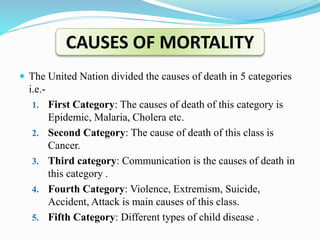 The United Nation divided the causes of death in 5 categories
i.e.-
1. First Category: The causes of death of this category is
Epidemic, Malaria, Cholera etc.
2. Second Category: The cause of death of this class is
Cancer.
3. Third category: Communication is the causes of death in
this category .
4. Fourth Category: Violence, Extremism, Suicide,
Accident, Attack is main causes of this class.
5. Fifth Category: Different types of child disease .
CAUSES OF MORTALITY
 