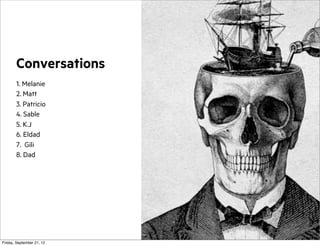 Conversations
1. Melanie
2. Matt
3. Patricio
4. Sable
5. K.J
6. Eldad
7. Gili
8. Dad

Friday, September 21, 12

 