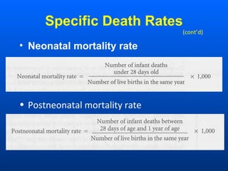 Specific Death Rates
• Neonatal mortality rate
(cont’d)
• Postneonatal mortality rate
 