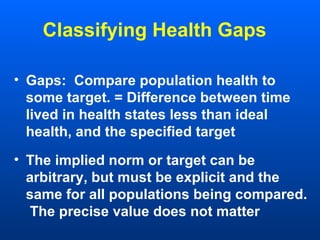 Classifying Health Gaps
• Gaps: Compare population health to
some target. = Difference between time
lived in health states less than ideal
health, and the specified target
• The implied norm or target can be
arbitrary, but must be explicit and the
same for all populations being compared.
The precise value does not matter
 