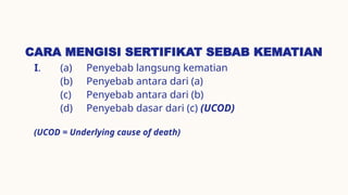 CARA MENGISI SERTIFIKAT SEBAB KEMATIAN
I. (a) Penyebab langsung kematian
(b) Penyebab antara dari (a)
(c) Penyebab antara dari (b)
(d) Penyebab dasar dari (c) (UCOD)
(UCOD = Underlying cause of death)
 