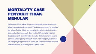 MORTALYTY CASE
PENYAKIT TIDAK
MENULAR
Pada tahun 2016, sekitar 71 persen penyebab kematian di dunia
adalah penyakit tidak menular (PTM) yang membunuh 36 juta jiwa
per tahun. Sekitar 80 persen kematian tersebut terjadi di negara
berpenghasilan menengah dan rendah. 73% kematian saat ini
disebabkan oleh penyakit tidak menular, 35% diantaranya karena
penyakit jantung dan pembuluh darah, 12% oleh penyakit kanker,
6% oleh penyakit pernapasan kronis, 6% karena diabetes, dan 15%
disebabkan oleh PTM lainnya (data WHO, 2018).
4
 
