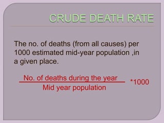 The no. of deaths (from all causes) per
1000 estimated mid-year population ,in
a given place.

  No. of deaths during the year
                                    *1000
        Mid year population
 