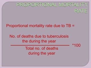 Proportional mortality rate due to TB =

 No. of deaths due to tuberculosis
        the during the year
                                     *100
          Total no. of deaths
           during the year
 