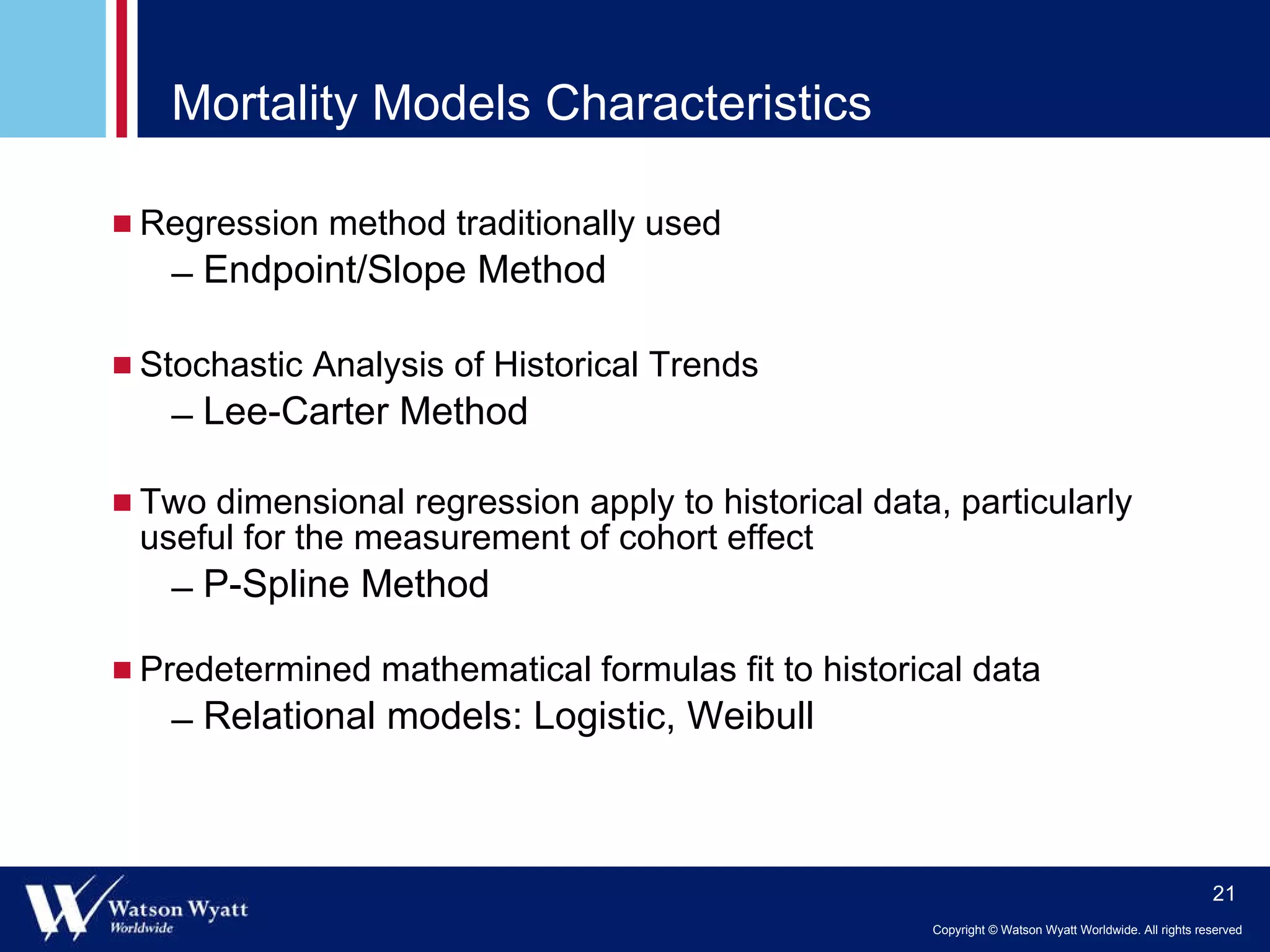 Mortality Models Characteristics Regression method traditionally used Endpoint/Slope Method Stochastic Analysis of Historical Trends Lee-Carter Method Two dimensional regression apply to historical data, particularly useful for the measurement of cohort effect P-Spline Method Predetermined mathematical formulas fit to historical data  Relational models: Logistic, Weibull 